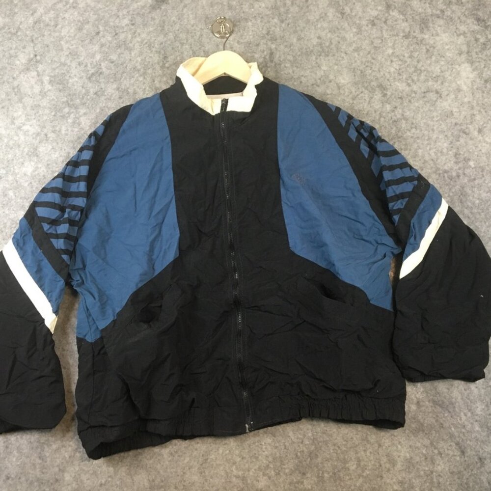 Vintage Windbreaker Mens XL Blue Black Colorblock Stripe Full Zip Pockets Nylon
